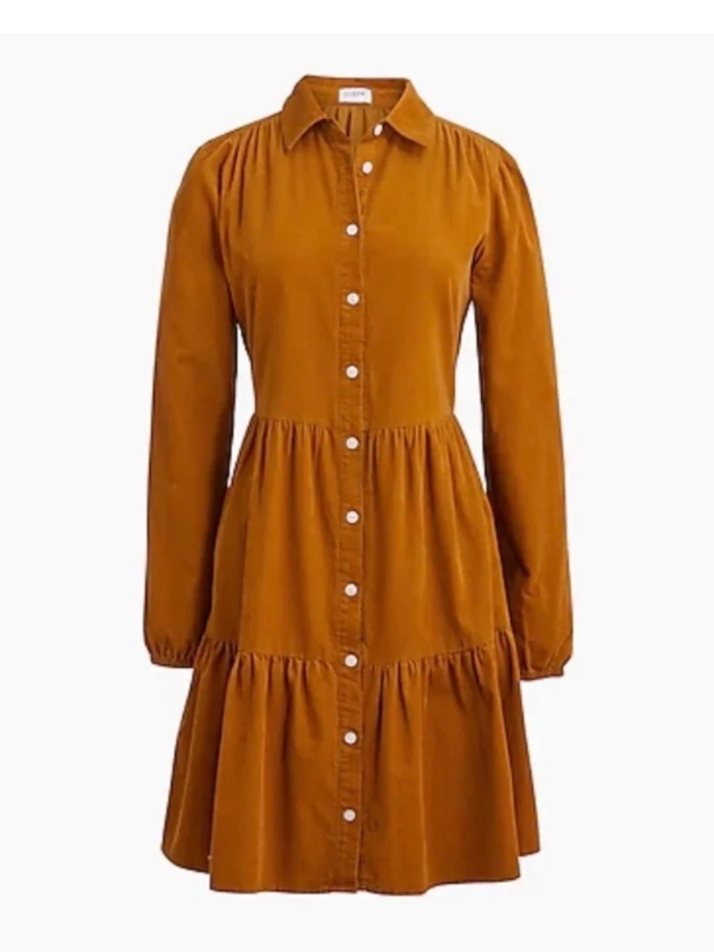 J. Crew Long-Sleeve Tiered Corduroy Shirt Dress in Golden Mustard